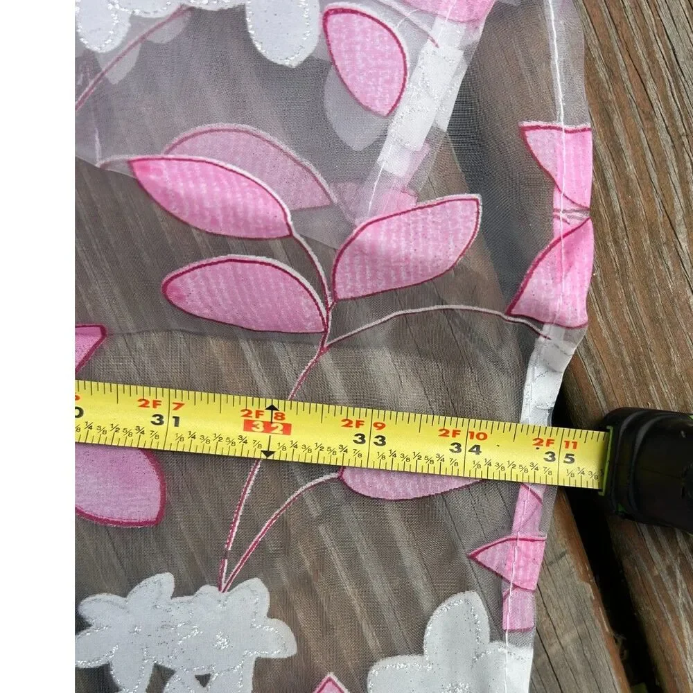 Pink & White Floral Sheer Curtain Panels w/ Silver Shimmer – Set of 4  35” x 76”